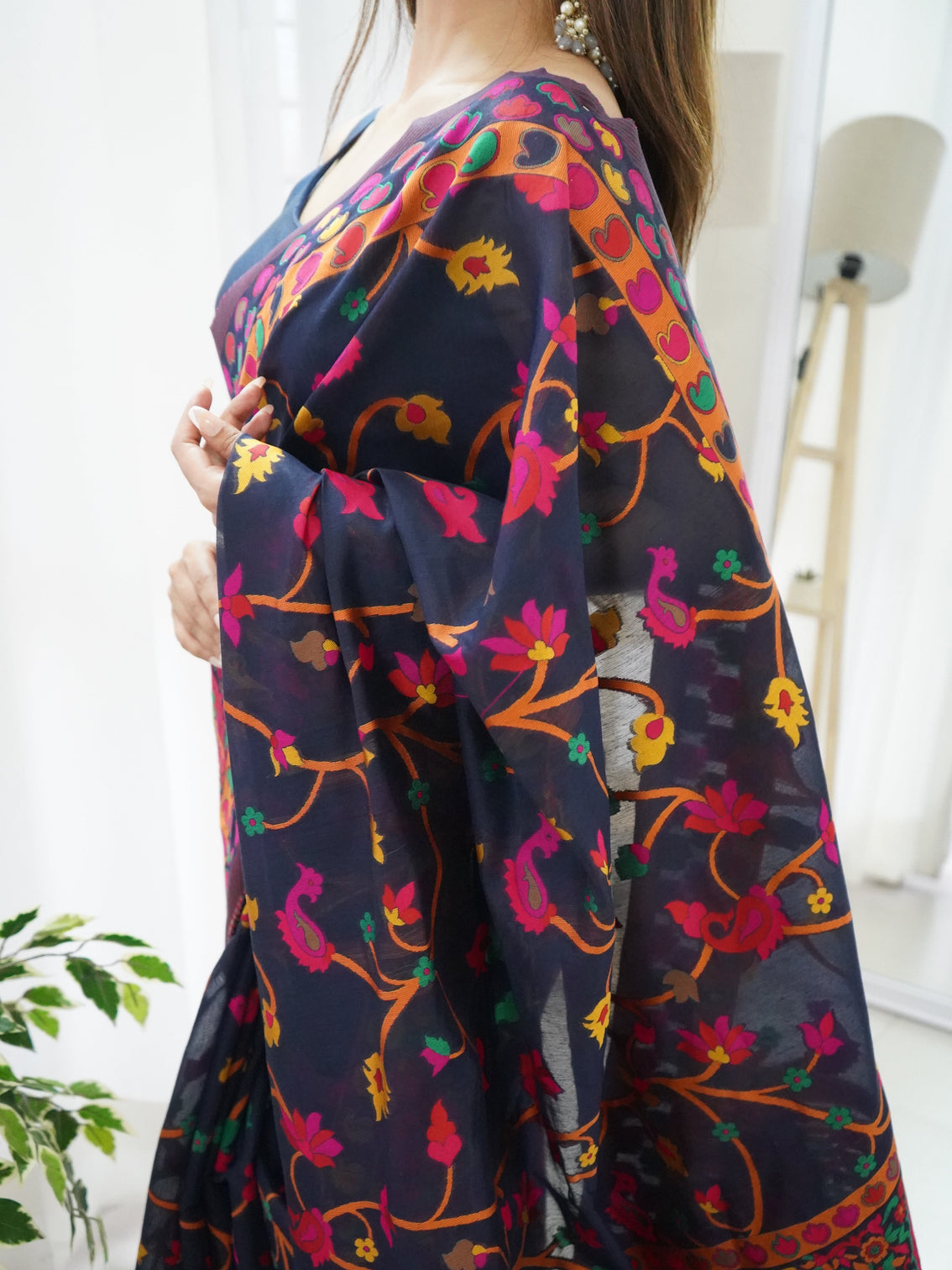 Kashmiri pashmina cotton kachhi work multi thrade saree