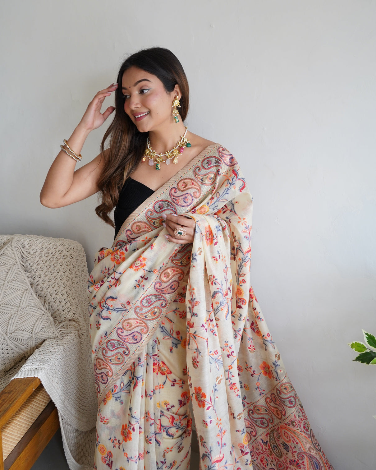 Kashmiri pashmina cotton kachhi work multi thrade saree