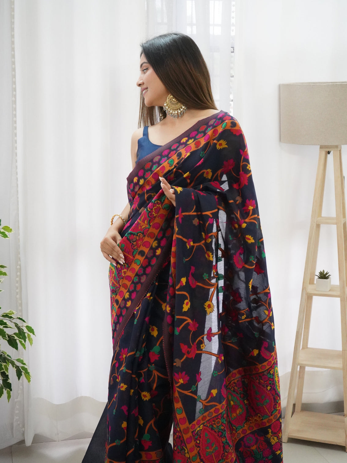 Kashmiri pashmina cotton kachhi work multi thrade saree