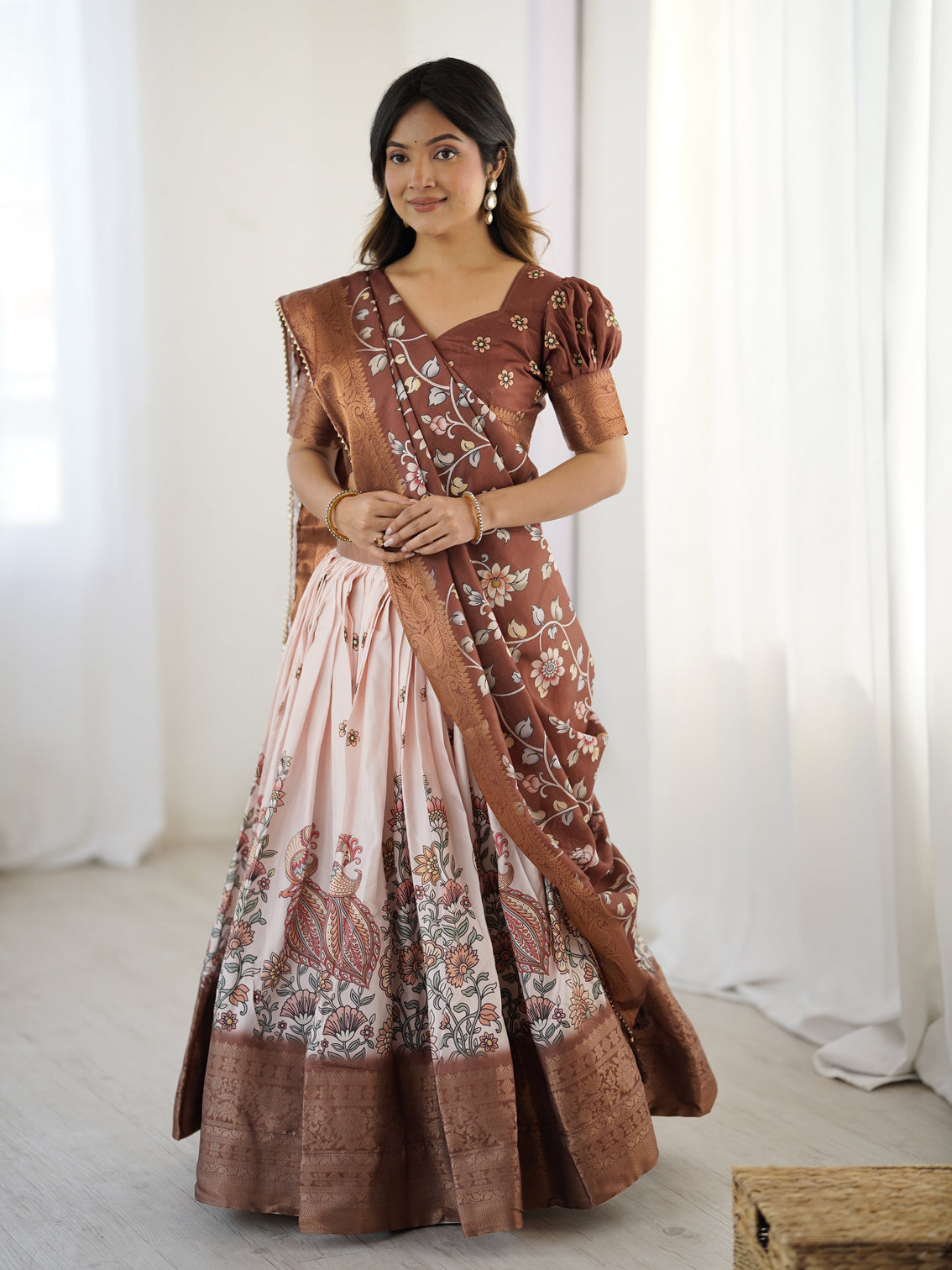 Peach copper brown kalamkari lehenga with elegant floral dupatta