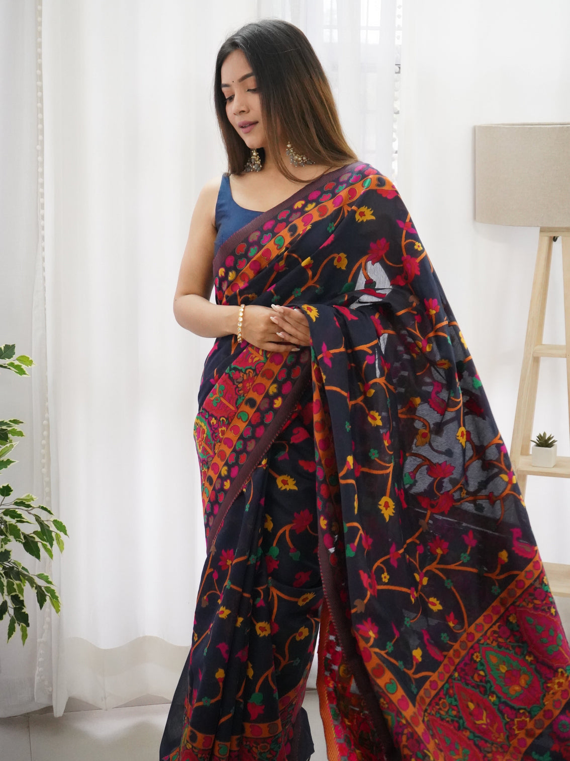 Kashmiri pashmina cotton kachhi work multi thrade saree mameraa