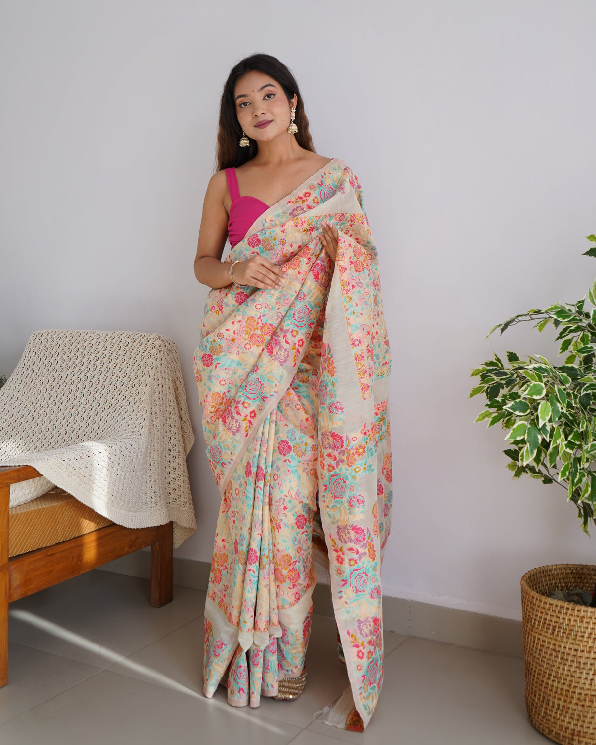 Kashmiri pashmina cotton kachhi work multi thrade saree