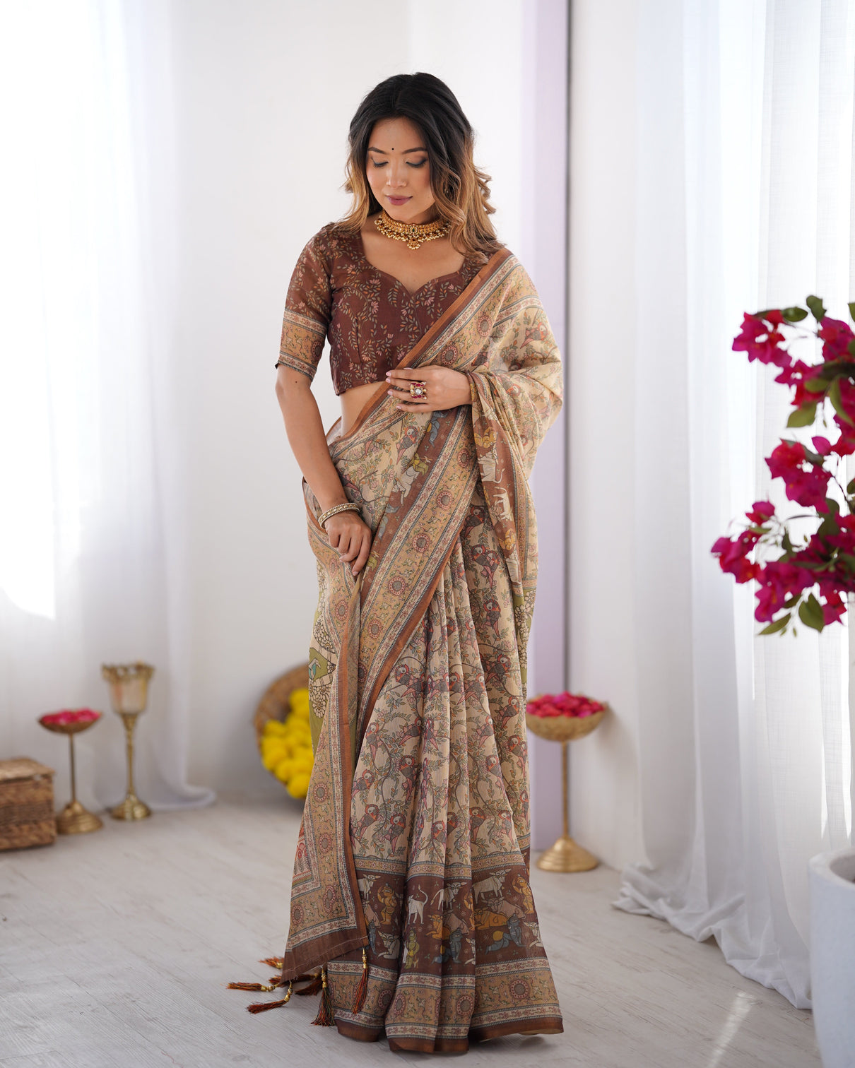 Beige brown handloom cotton saree with mythical kalamkari pallu and elephant motifs