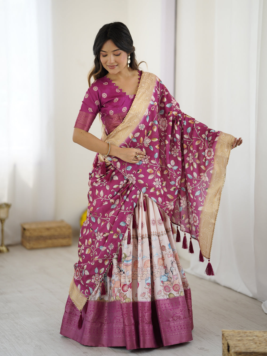 Elegant kalamkari lehenga in wine and peach with divine print and floral zari dupatta mameraa
