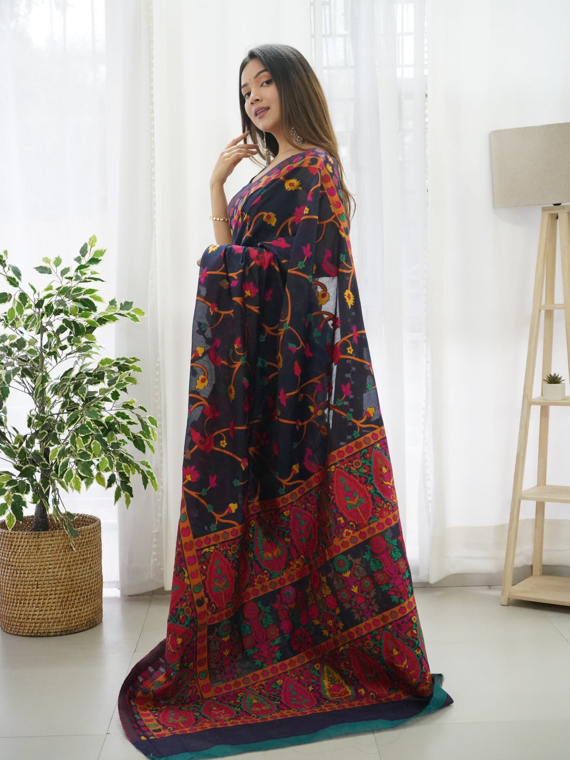 Kashmiri pashmina cotton kachhi work multi thrade saree