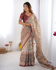 Beige maroon handloom cotton saree with multicolor floral print and majestic bird art pallu mameraa