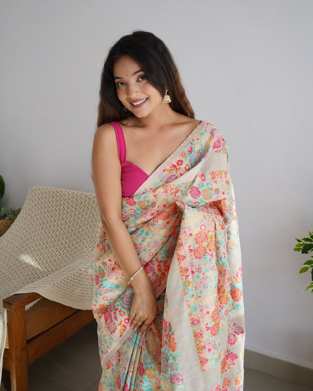 Kashmiri pashmina cotton kachhi work multi thrade saree
