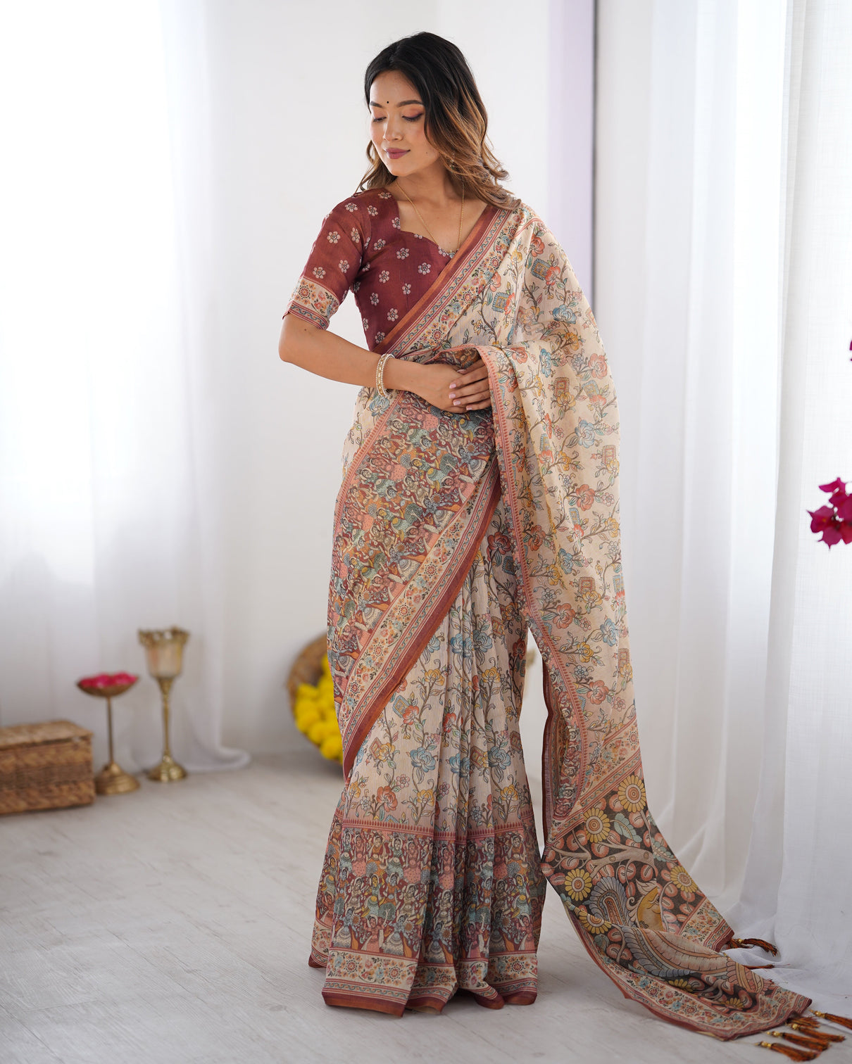Beige maroon handloom cotton saree with multicolor floral print and majestic bird art pallu