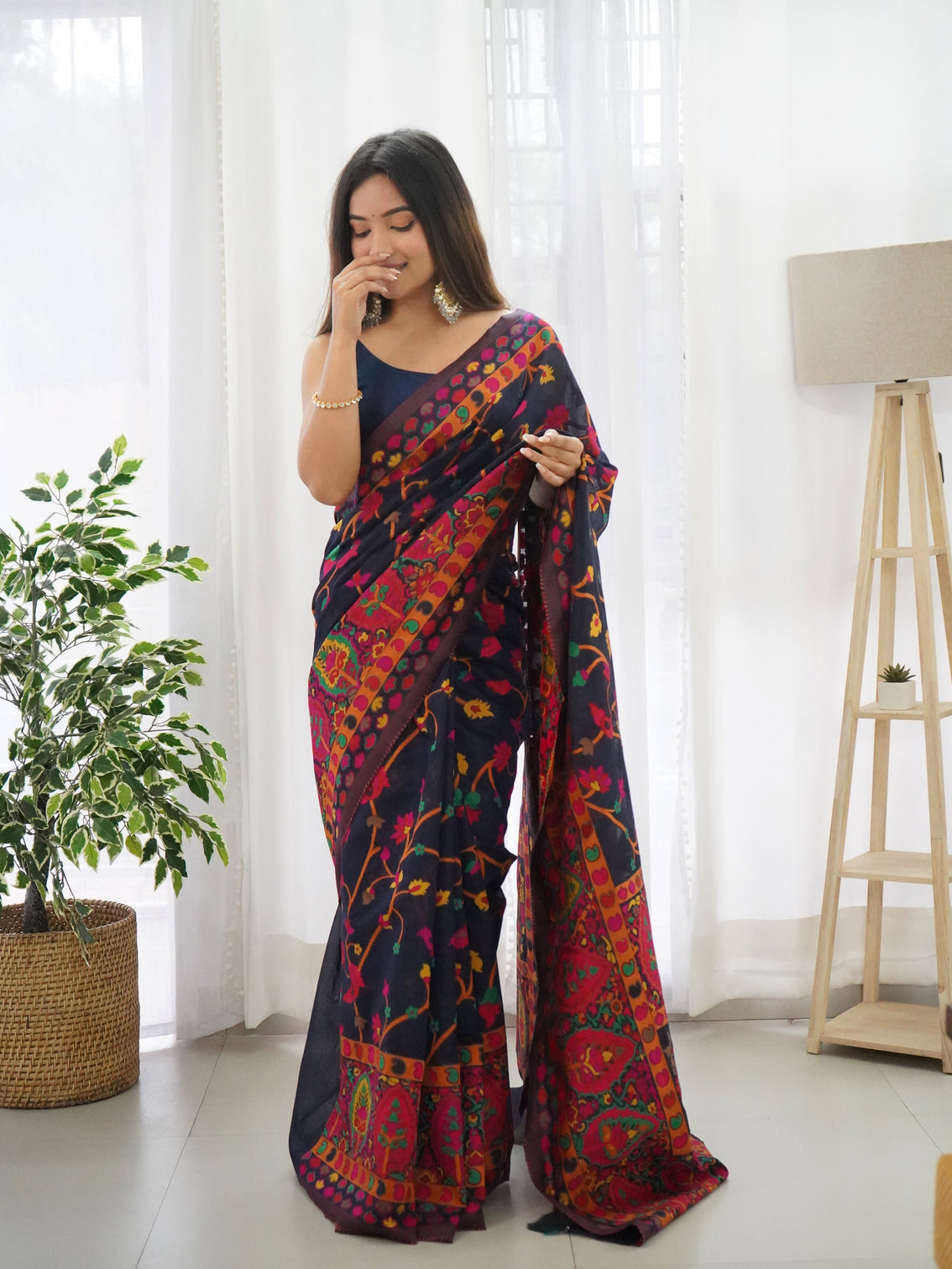 Kashmiri pashmina cotton kachhi work multi thrade saree