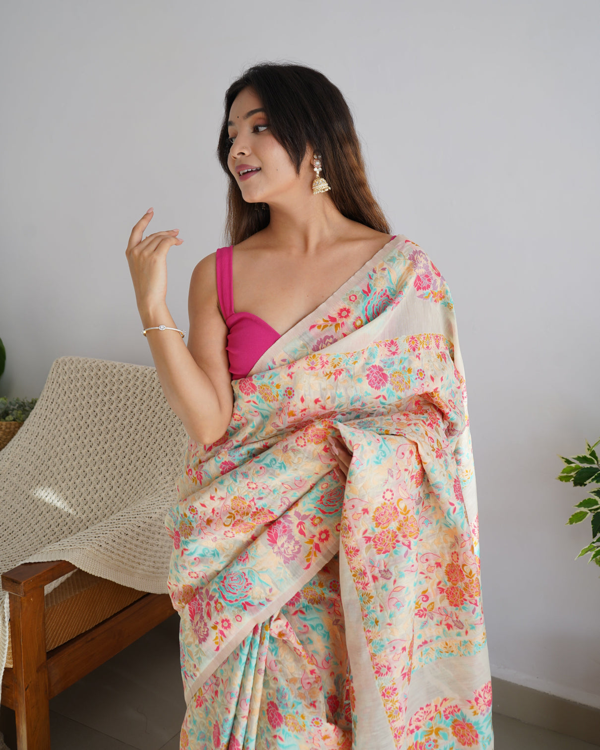 Kashmiri pashmina cotton kachhi work multi thrade saree