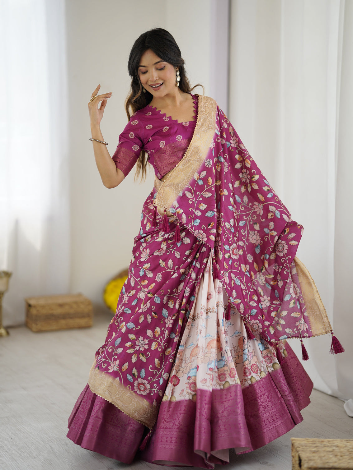 Elegant kalamkari lehenga in wine and peach with divine print and floral zari dupatta