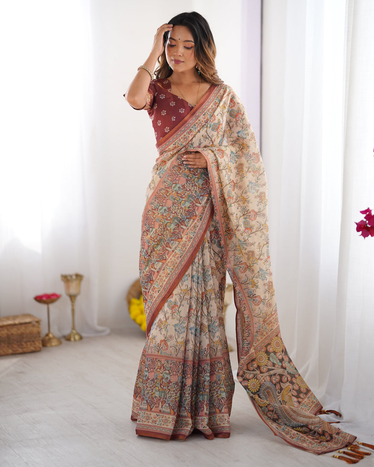 Beige maroon handloom cotton saree with multicolor floral print and majestic bird art pallu