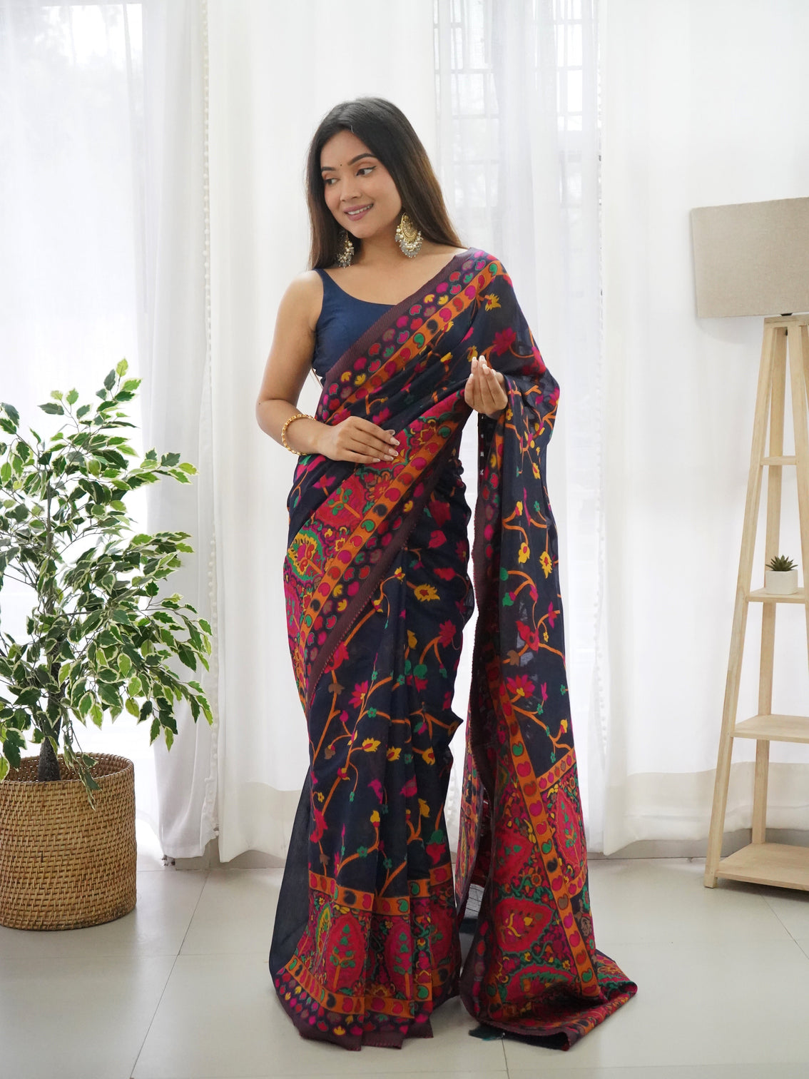 Kashmiri pashmina cotton kachhi work multi thrade saree