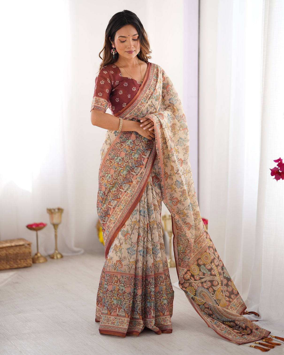 Beige maroon handloom cotton saree with multicolor floral print and majestic bird art pallu