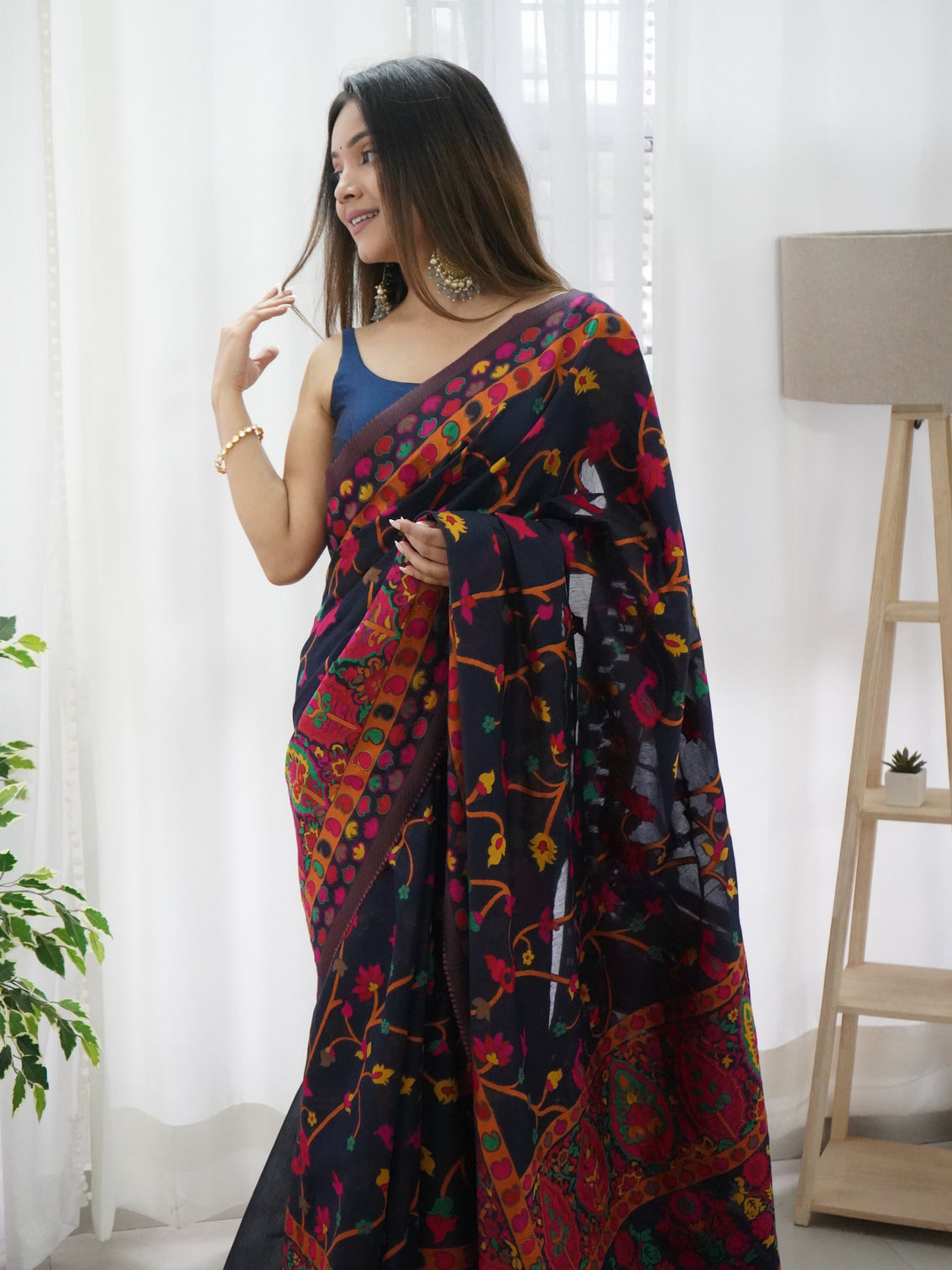 Kashmiri pashmina cotton kachhi work multi thrade saree