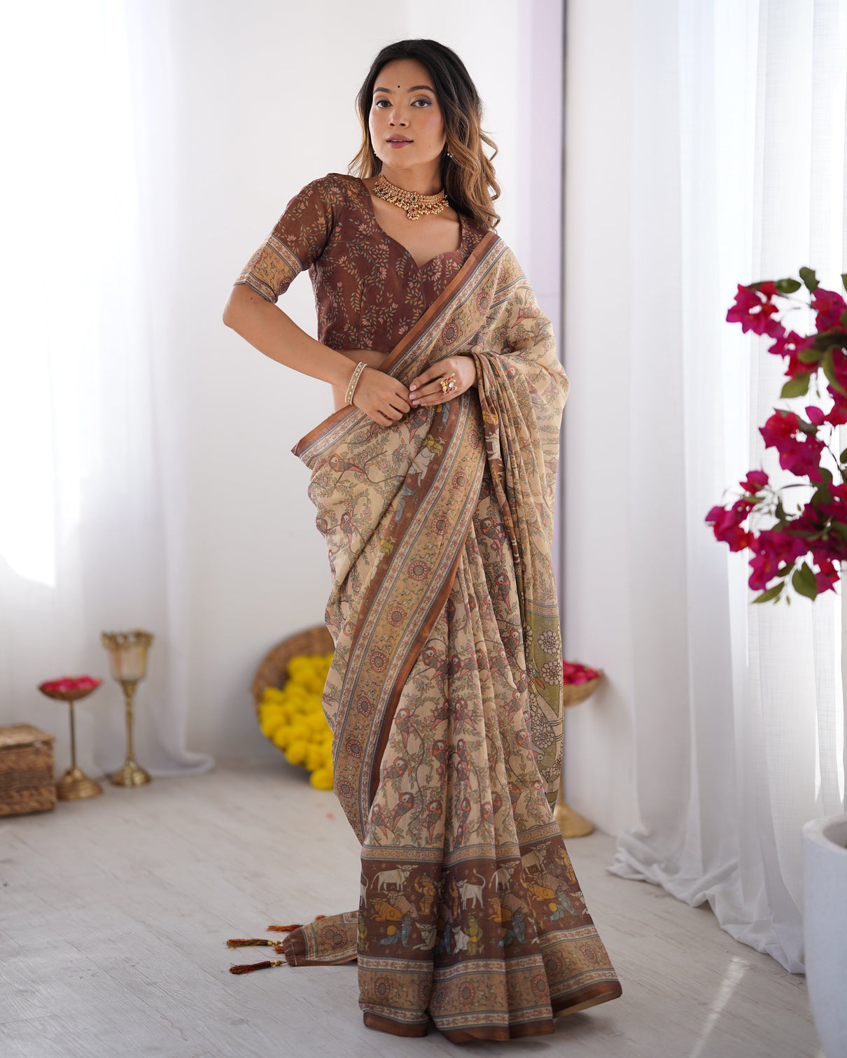 Beige brown handloom cotton saree with mythical kalamkari pallu and elephant motifs