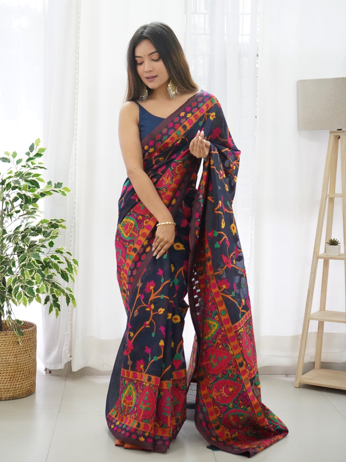 Kashmiri pashmina cotton kachhi work multi thrade saree