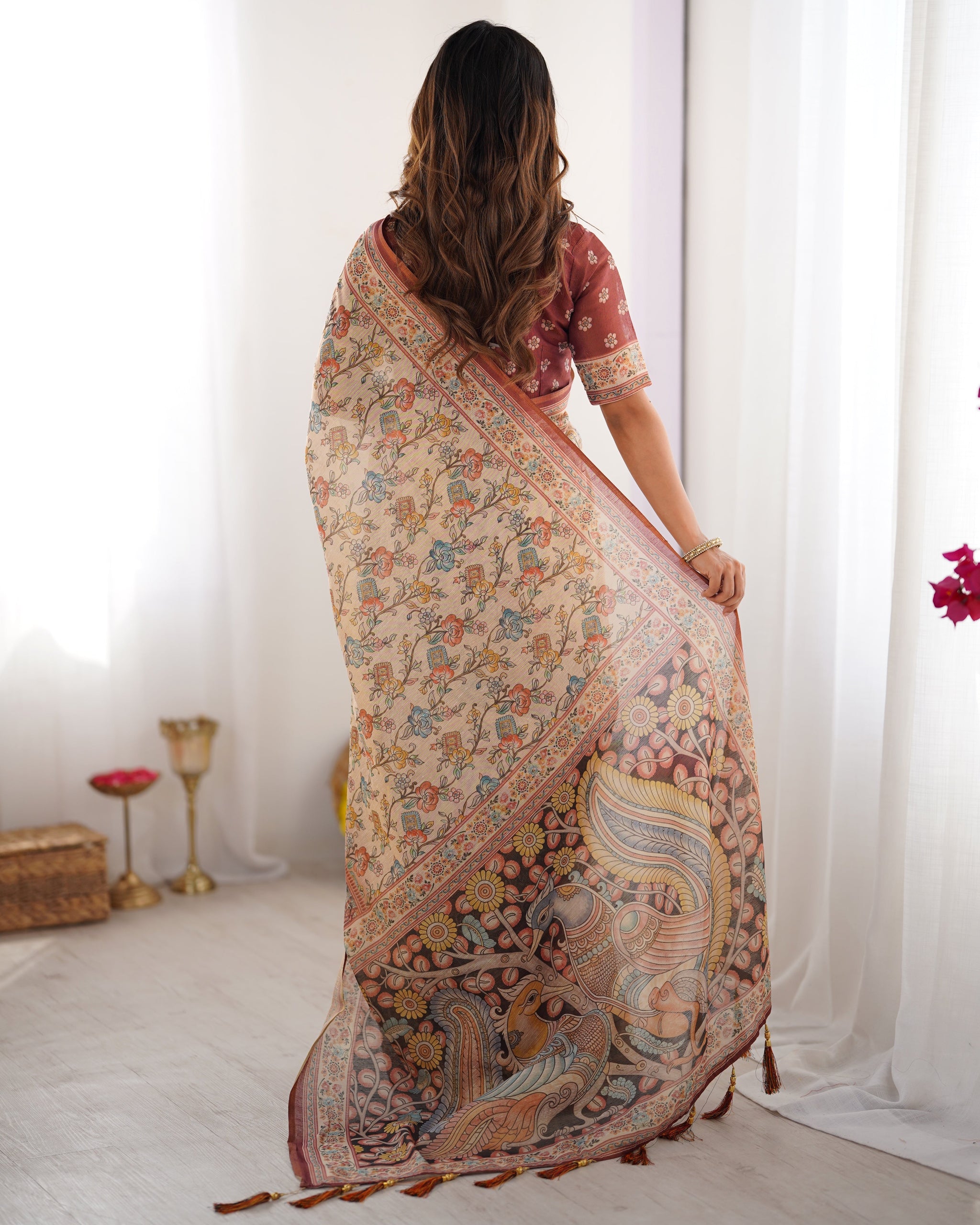 Beige & Maroon Handloom Cotton Saree with Multicolor Floral Print and Majestic Bird Art Pallu