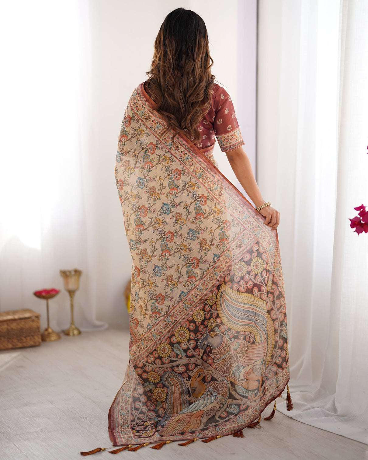 Beige maroon handloom cotton saree with multicolor floral print and majestic bird art pallu