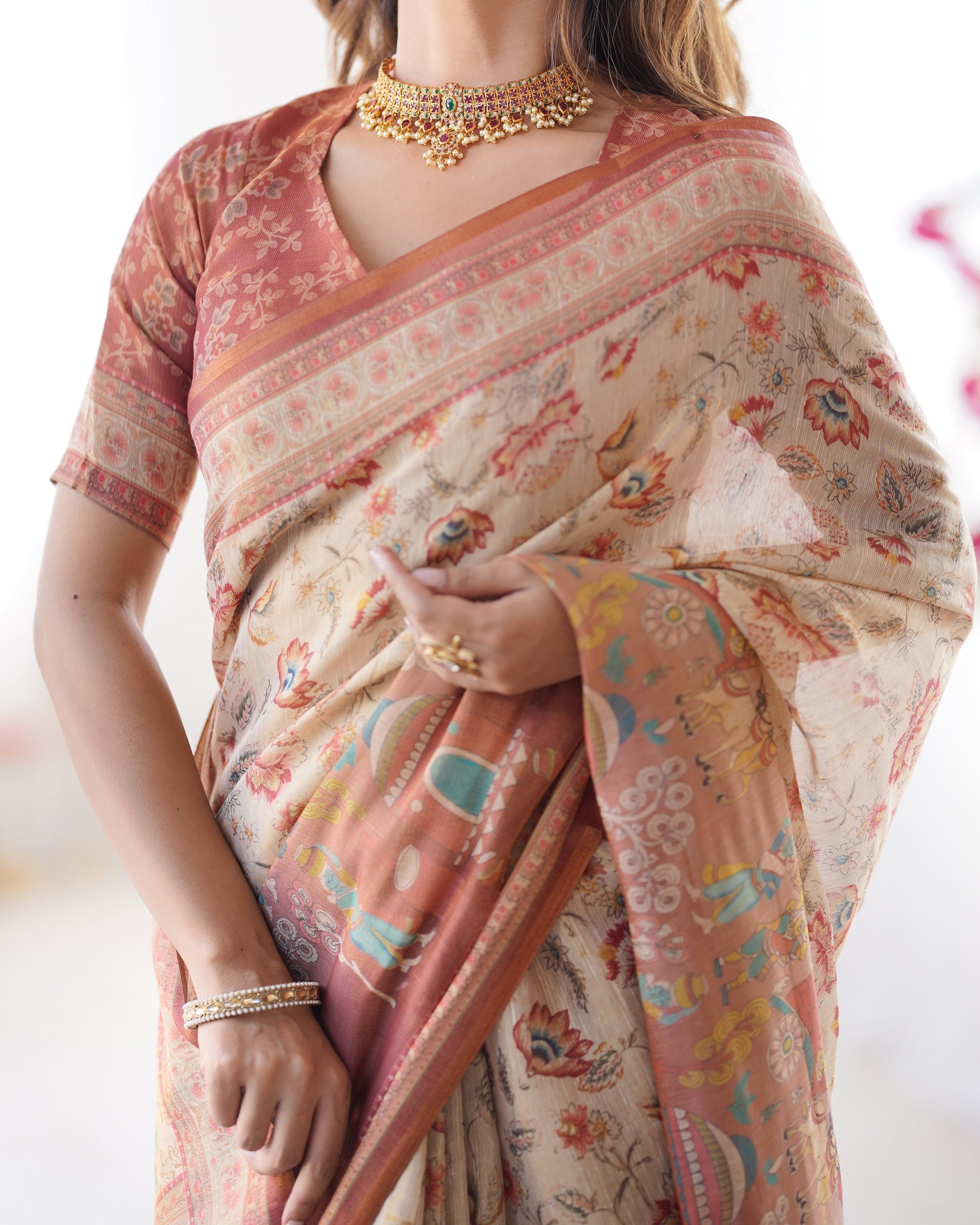 Ivory Handloom Cotton Saree with Maroon Borders, Floral Print & Royal Procession Pallu