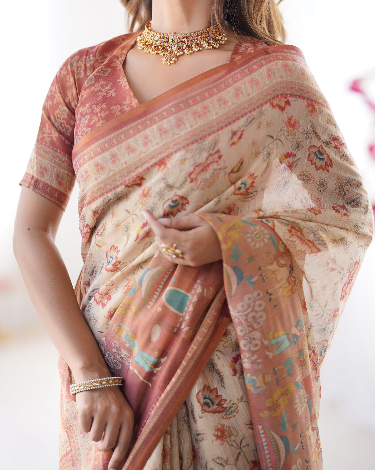 Ivory handloom cotton saree with maroon borders floral print royal procession pallu
