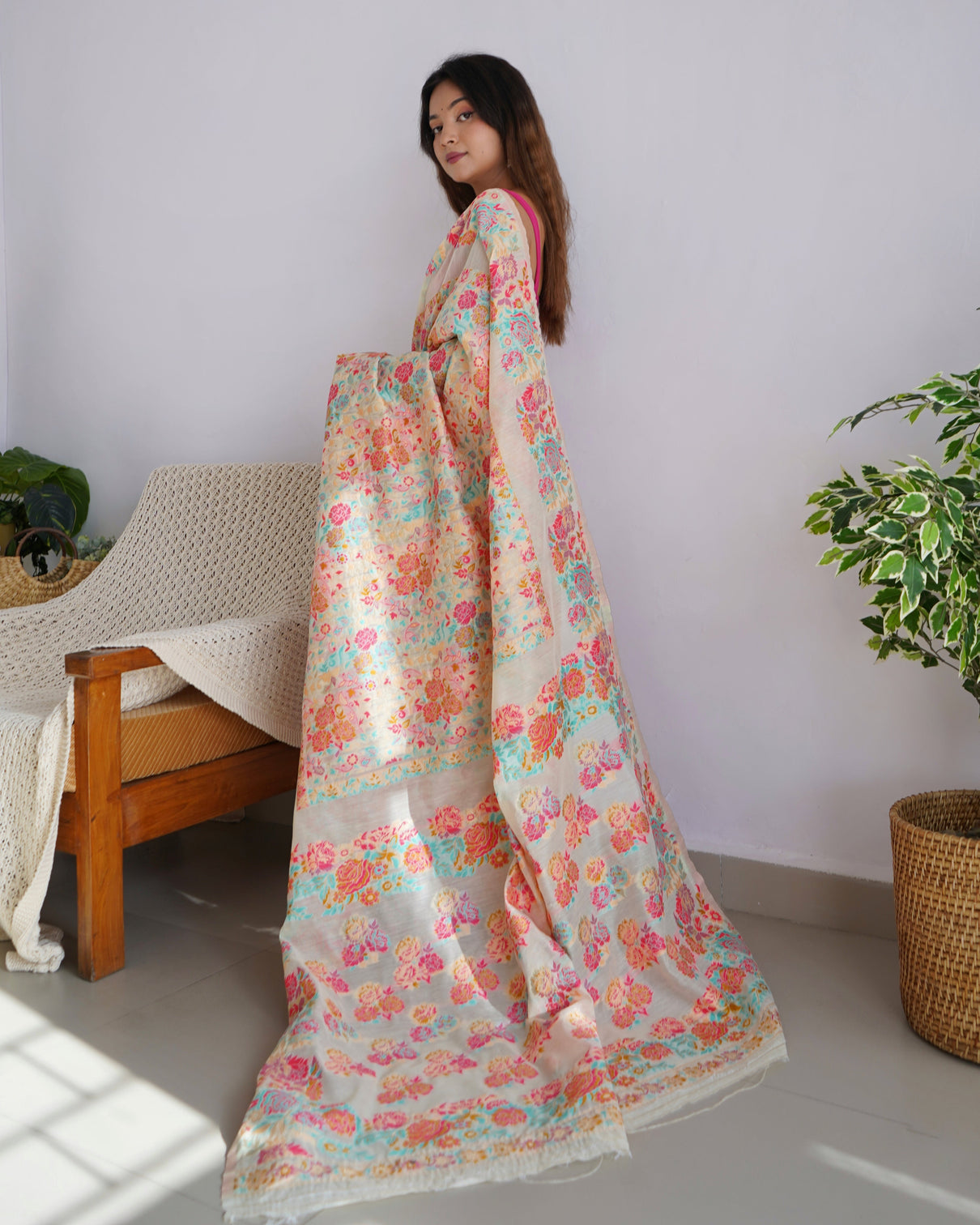 Kashmiri pashmina cotton kachhi work multi thrade saree mameraa