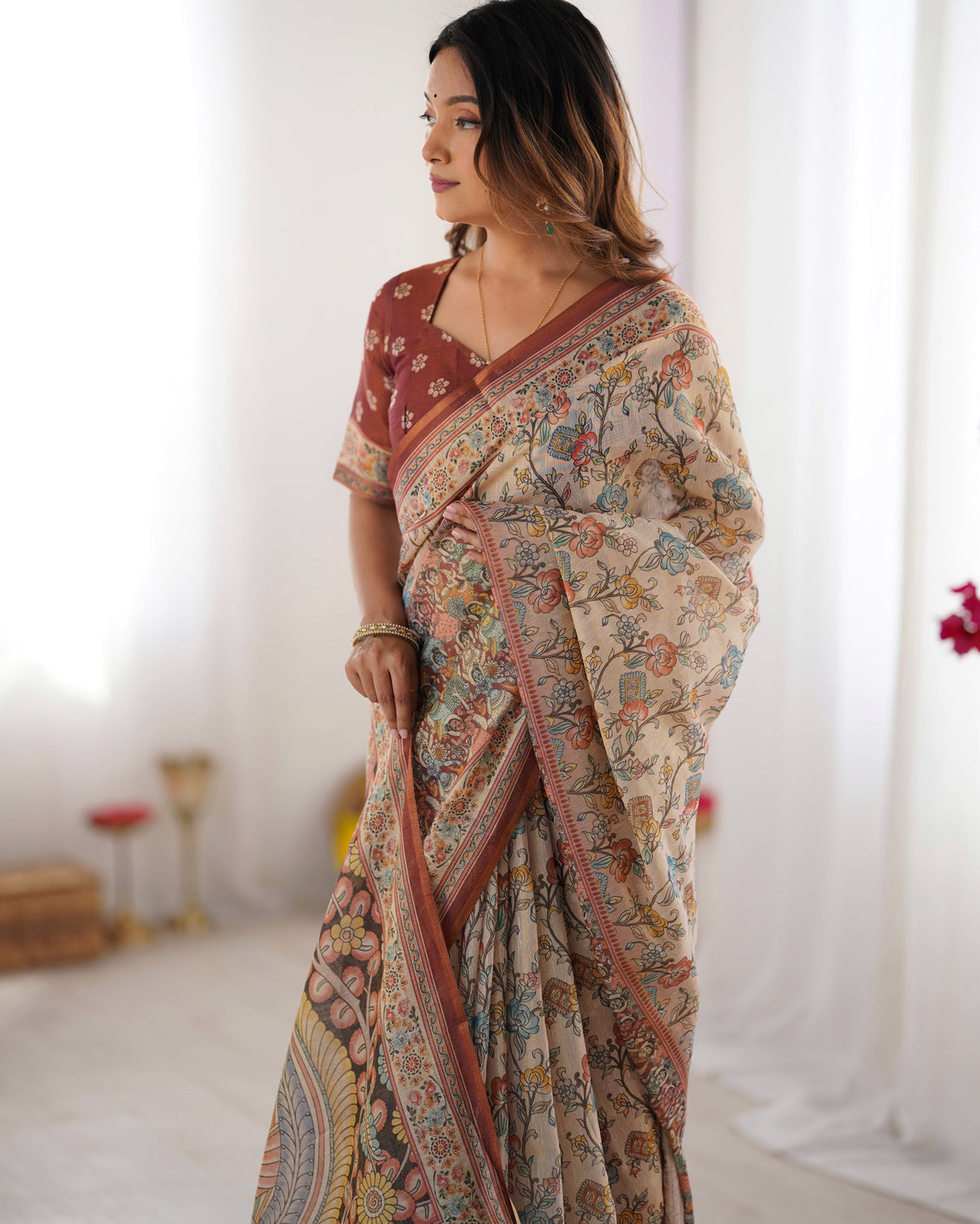 Beige maroon handloom cotton saree with multicolor floral print and majestic bird art pallu