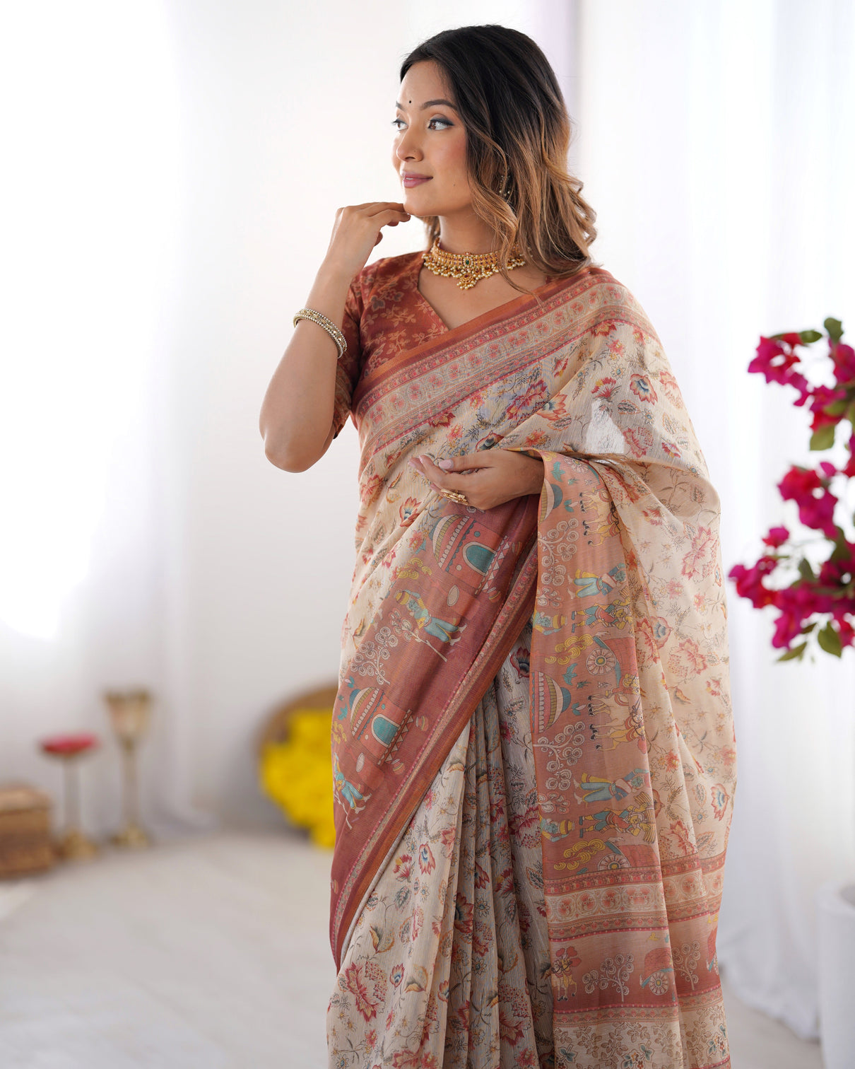 Ivory handloom cotton saree with maroon borders floral print royal procession pallu