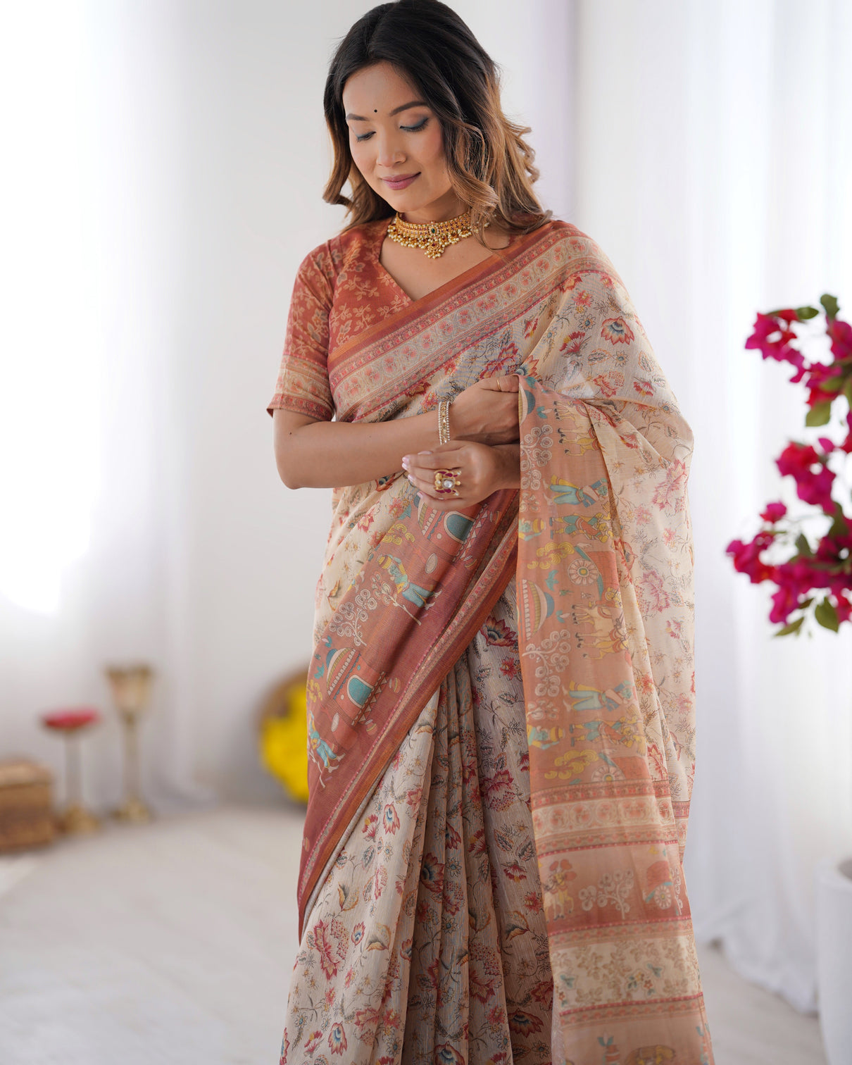 Ivory handloom cotton saree with maroon borders floral print royal procession pallu