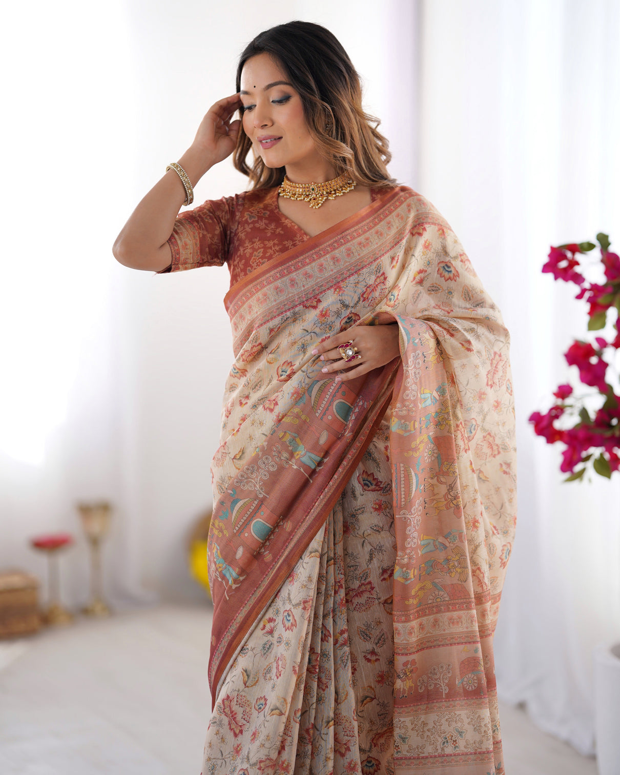 Ivory handloom cotton saree with maroon borders floral print royal procession pallu