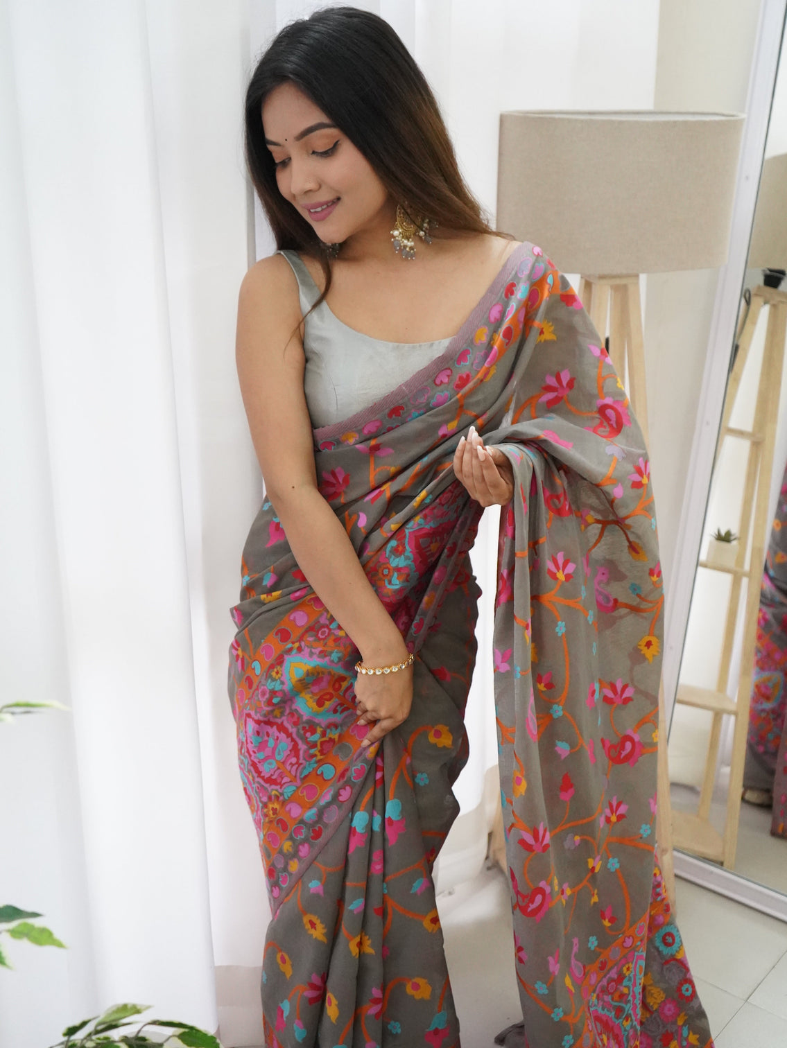 Kashmiri pashmina cotton kachhi work multi thrade saree
