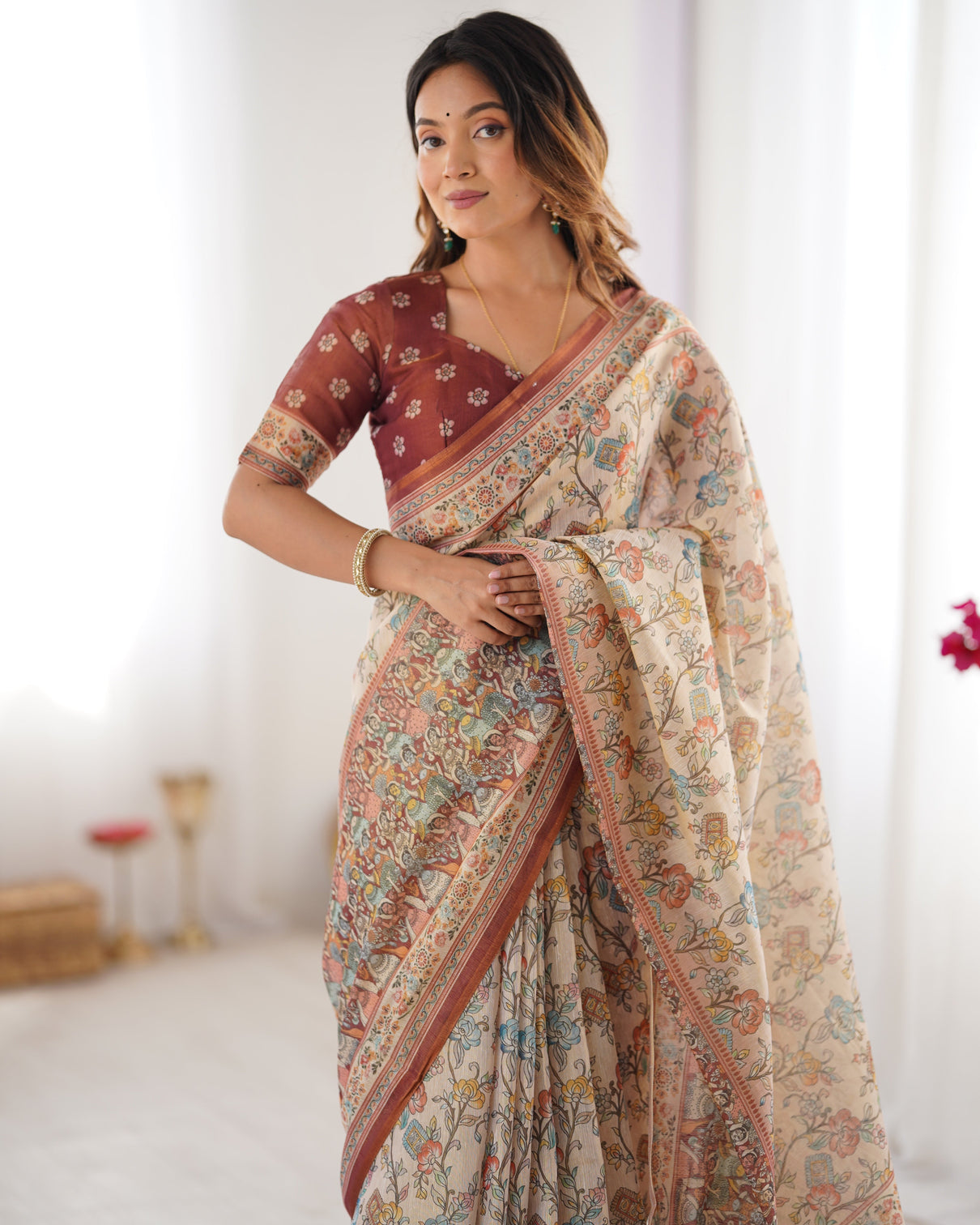Beige maroon handloom cotton saree with multicolor floral print and majestic bird art pallu