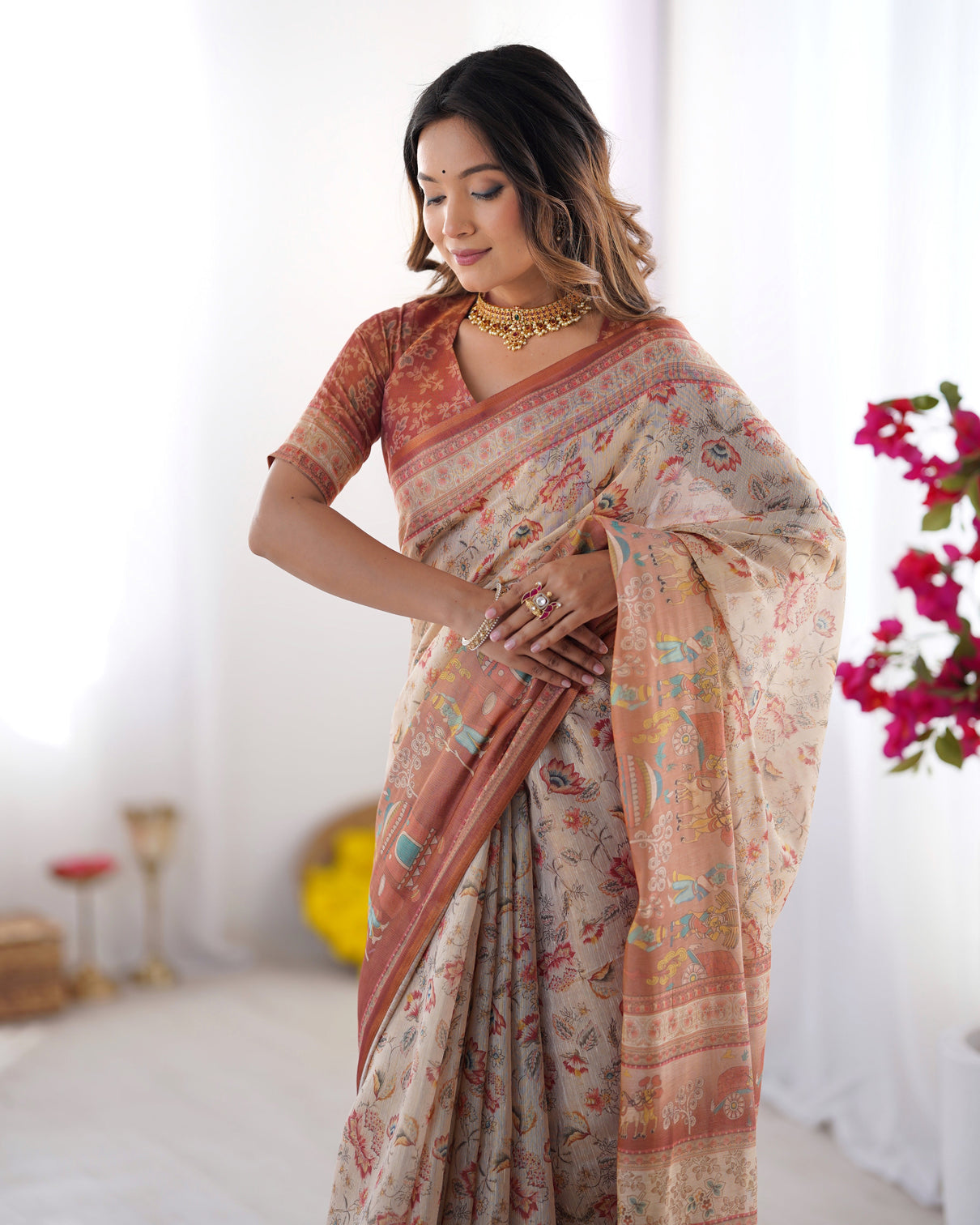 Ivory handloom cotton saree with maroon borders floral print royal procession pallu