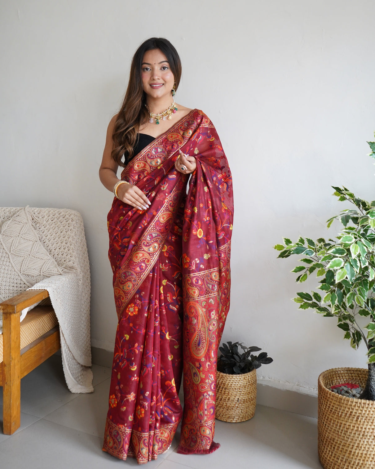 Kashmiri pashmina cotton kachhi work multi thrade saree mameraa