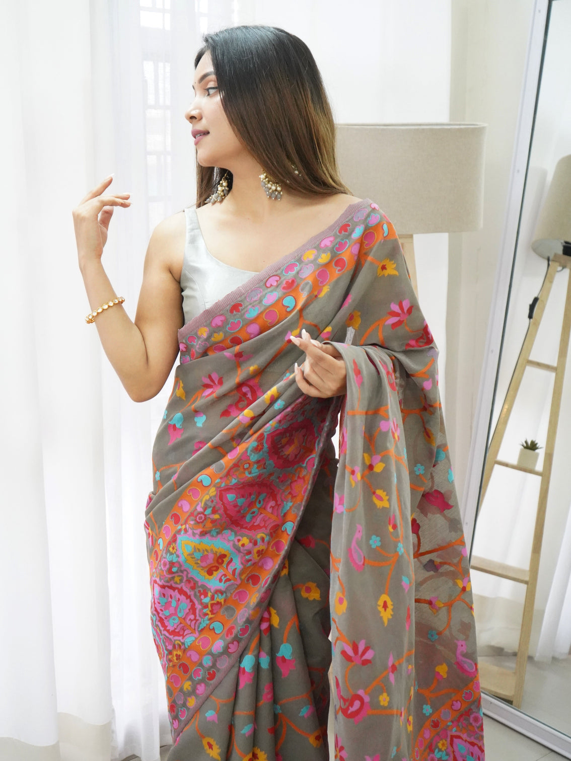 Kashmiri pashmina cotton kachhi work multi thrade saree