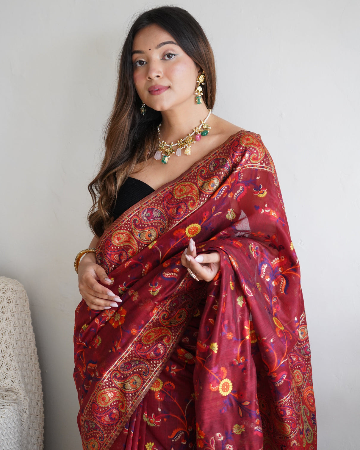 Kashmiri pashmina cotton kachhi work multi thrade saree