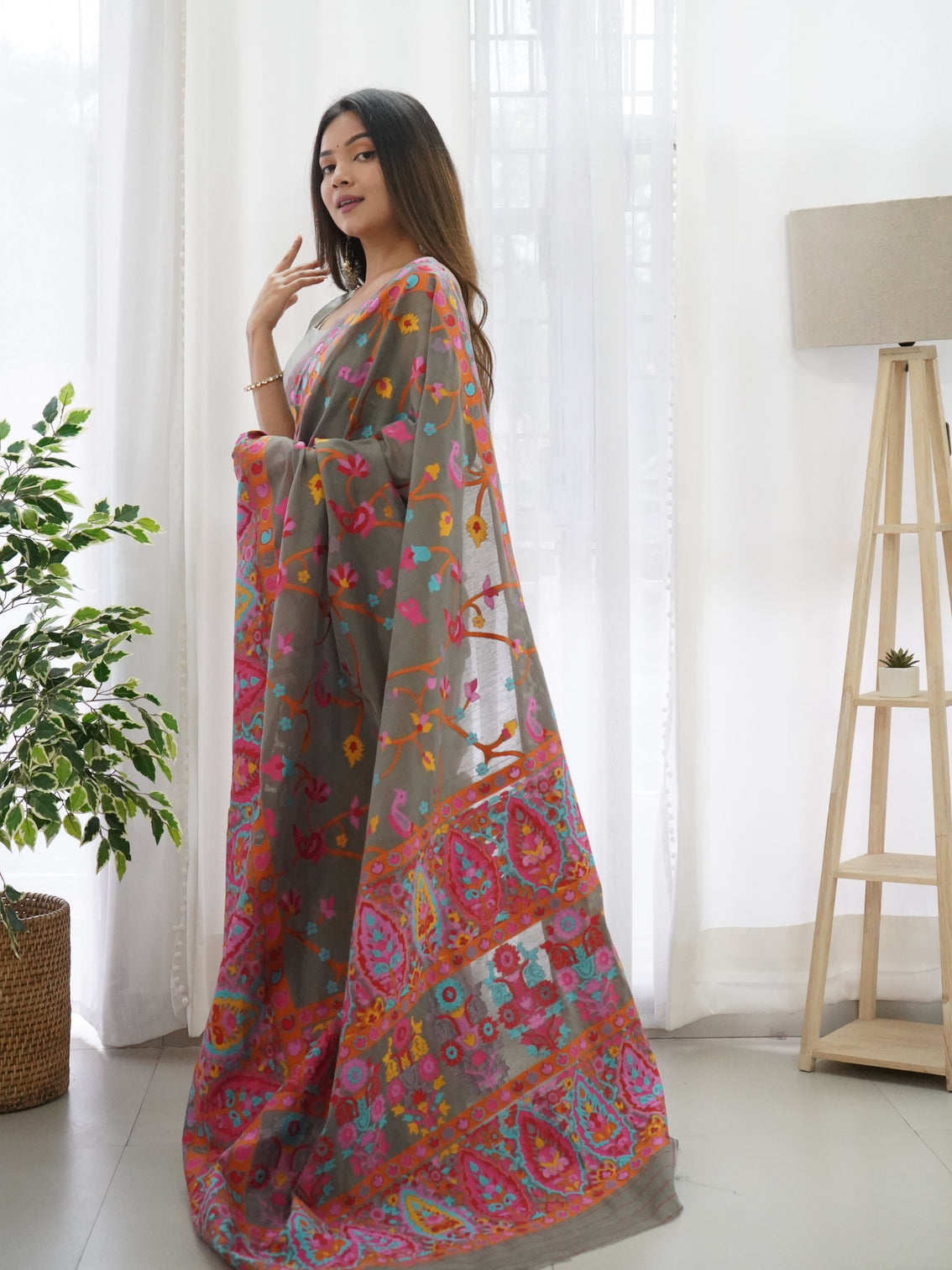 Kashmiri pashmina cotton kachhi work multi thrade saree