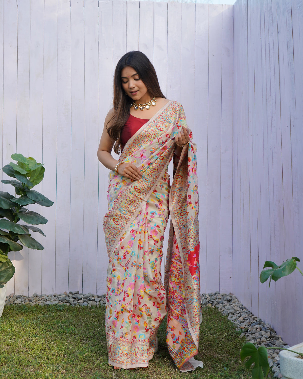 Kashmiri pashmina cotton kachhi work multi thrade saree