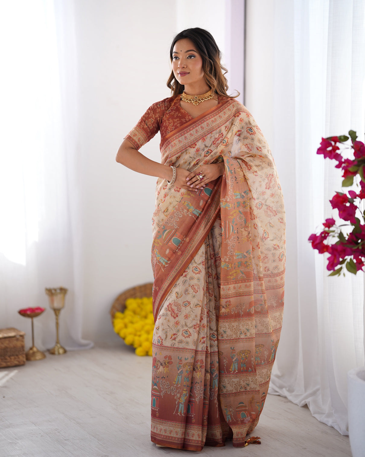 Ivory handloom cotton saree with maroon borders floral print royal procession pallu mameraa