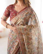 Beige maroon handloom cotton saree with multicolor floral print and majestic bird art pallu