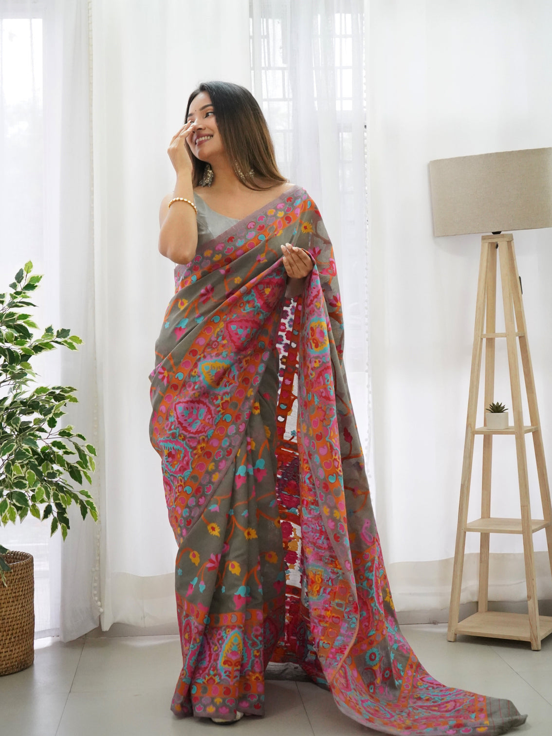 Kashmiri pashmina cotton kachhi work multi thrade saree