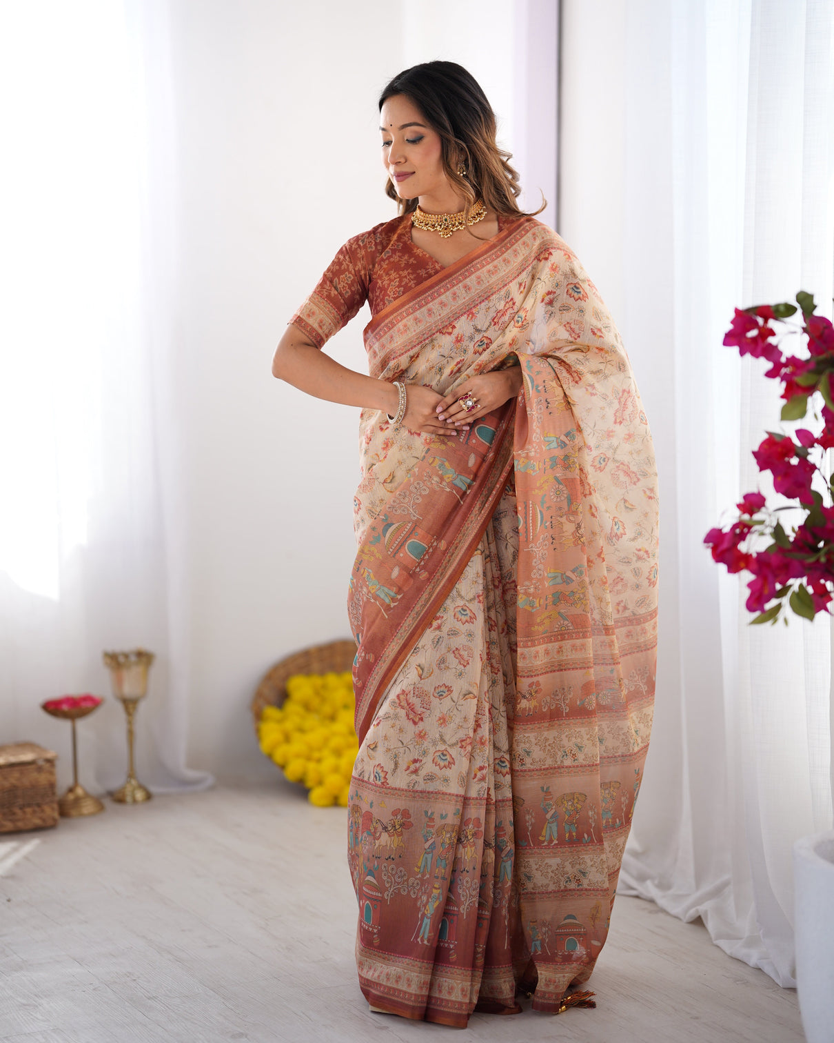 Ivory handloom cotton saree with maroon borders floral print royal procession pallu