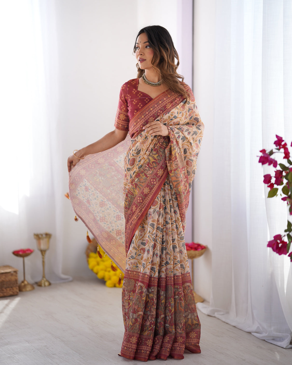 Handloom beige cotton saree with maroon blouse pomegranate floral print village tale pallu mameraa