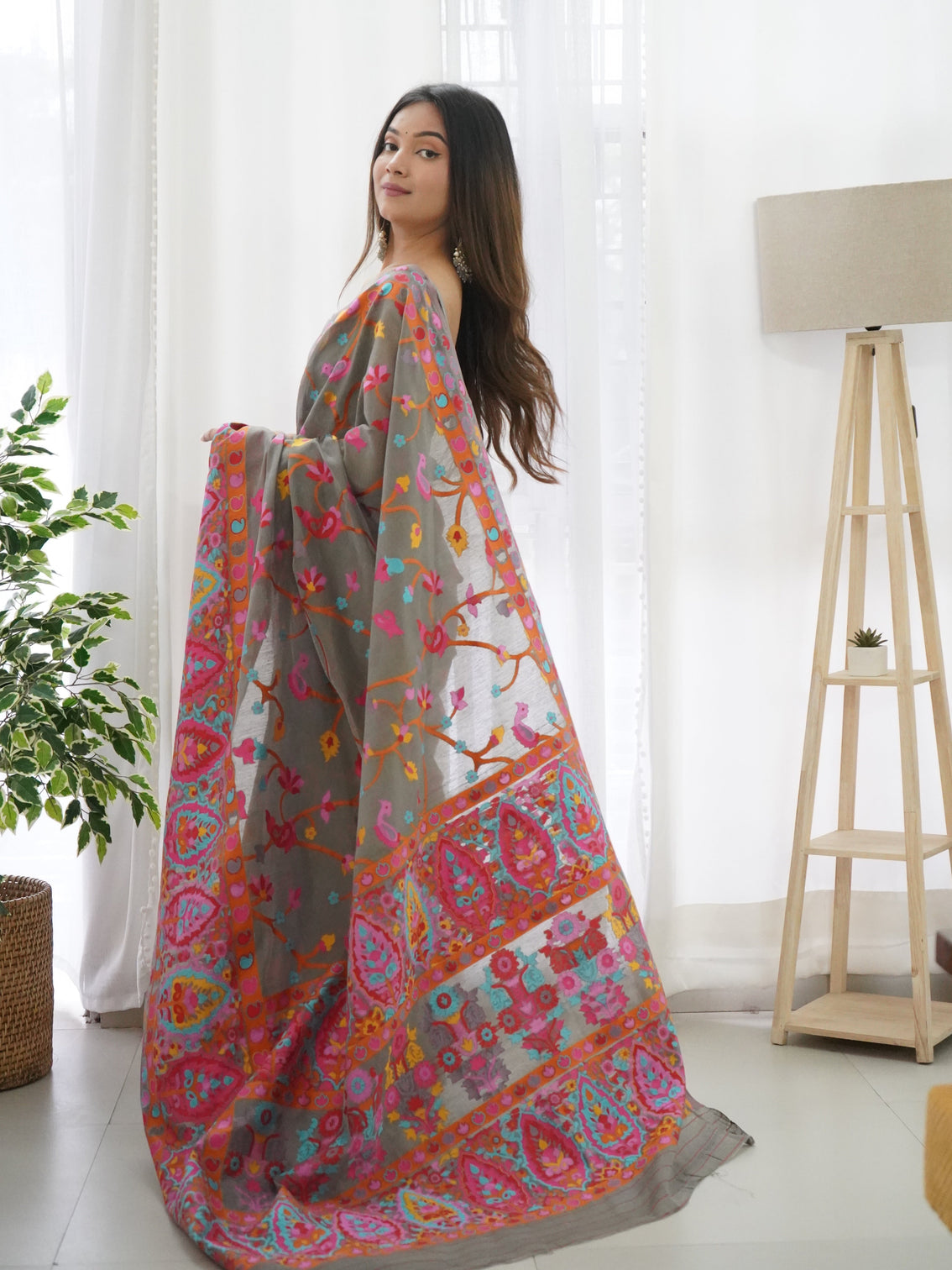 Kashmiri pashmina cotton kachhi work multi thrade saree