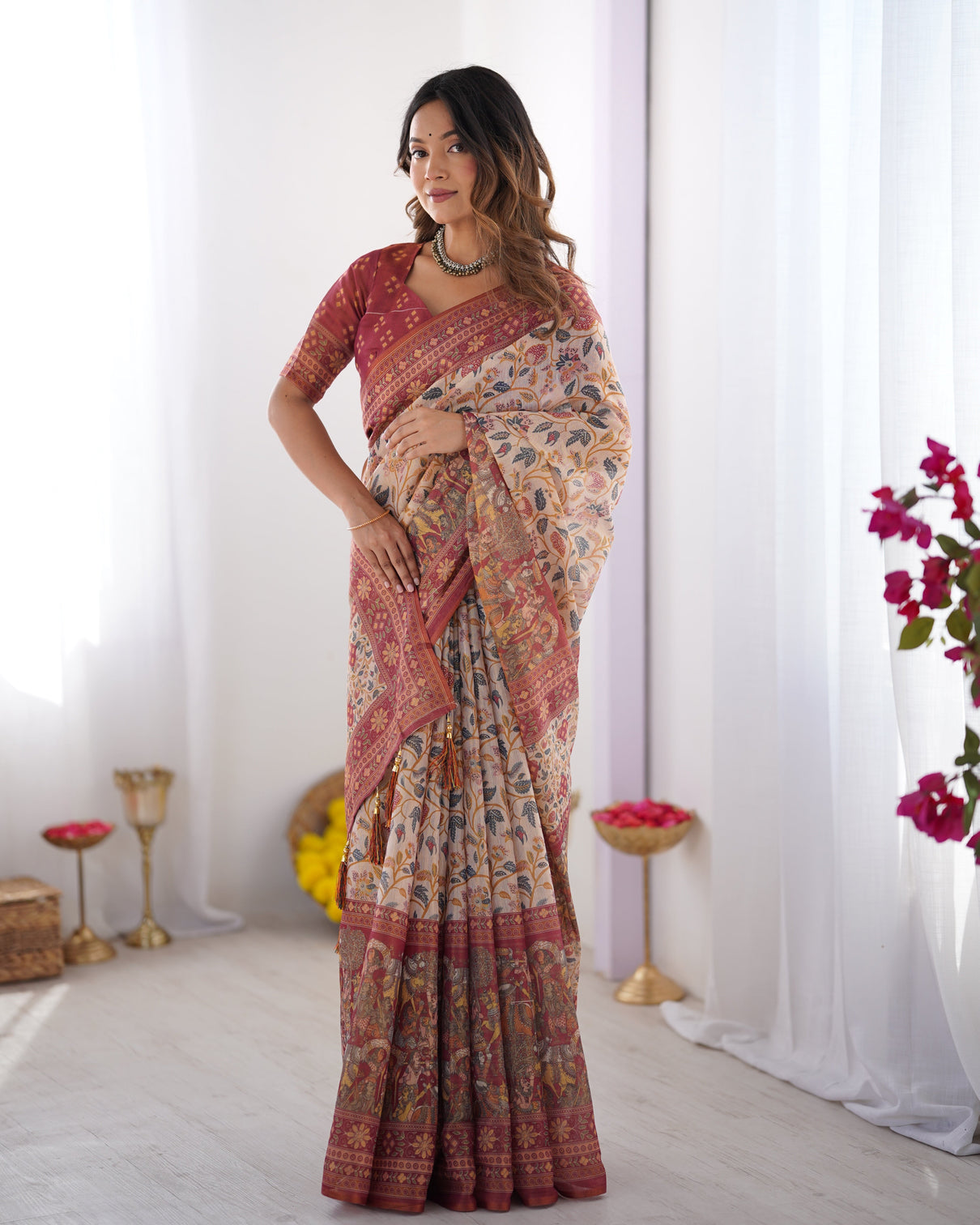 Handloom beige cotton saree with maroon blouse pomegranate floral print village tale pallu