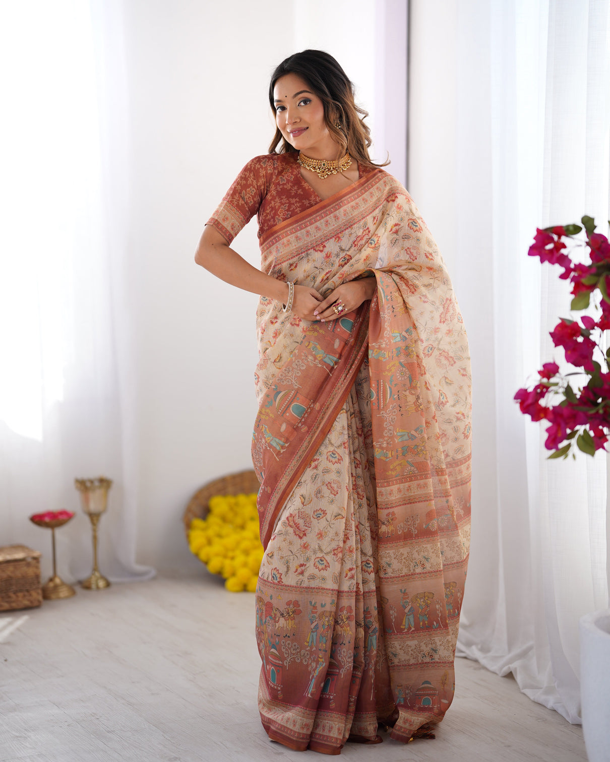 Ivory handloom cotton saree with maroon borders floral print royal procession pallu