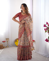 Handloom Beige Cotton Saree with Maroon Blouse, Pomegranate Floral Print & Village Tale Pallu