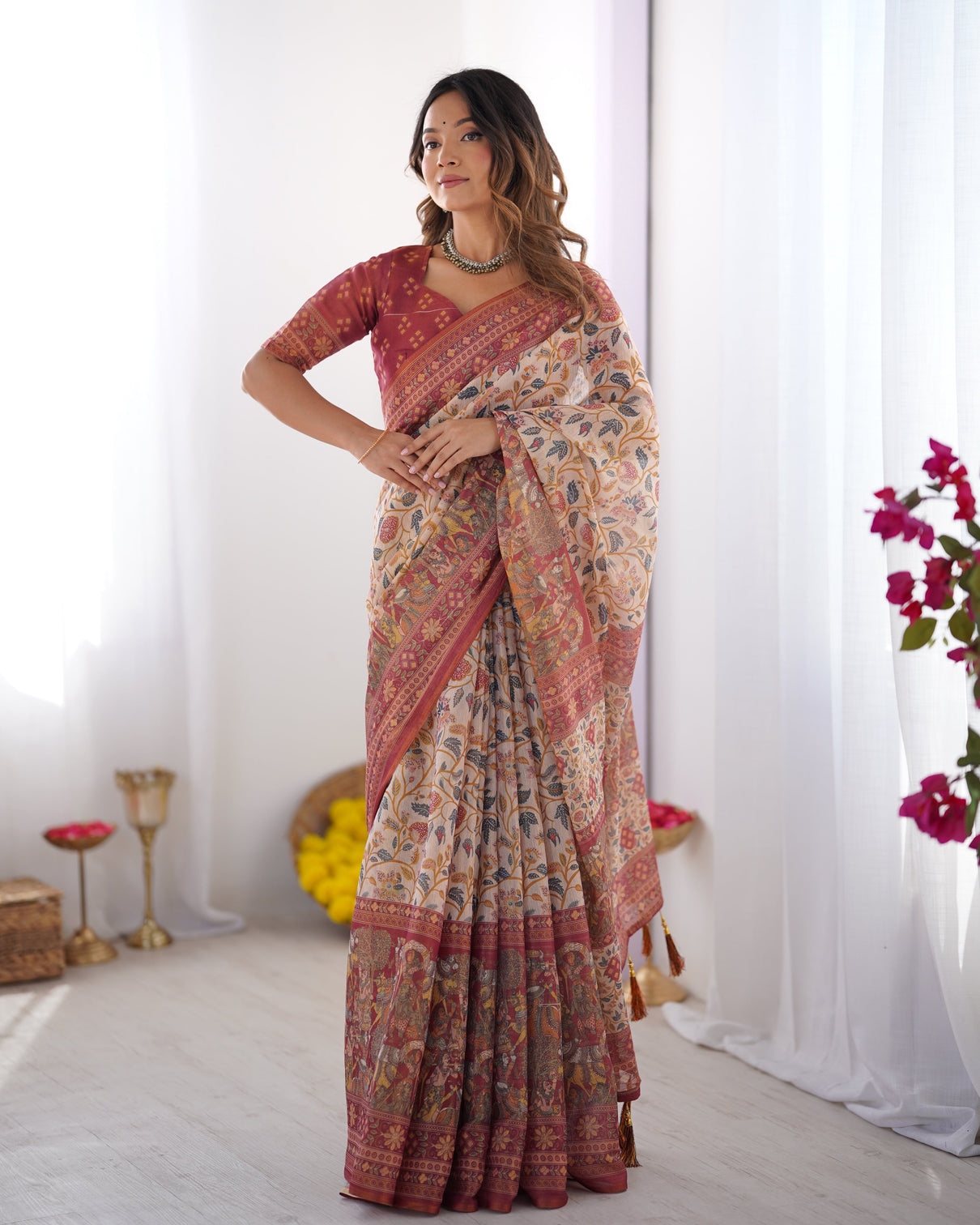 Handloom beige cotton saree with maroon blouse pomegranate floral print village tale pallu