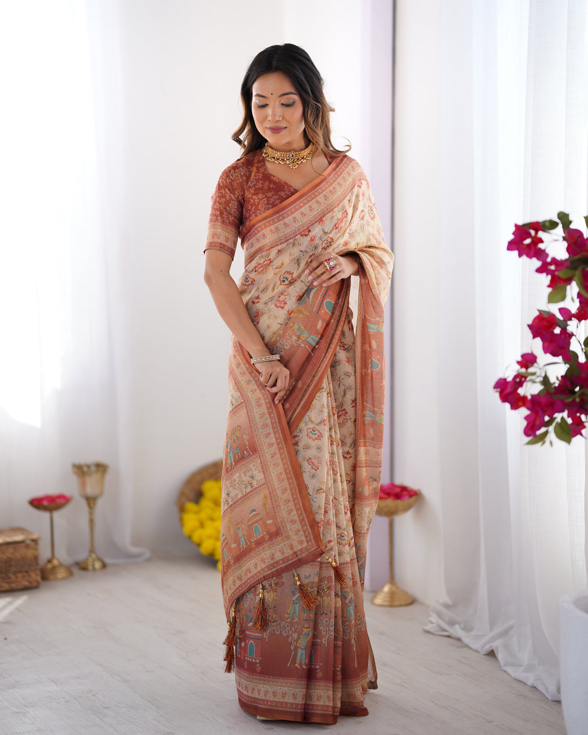 Ivory handloom cotton saree with maroon borders floral print royal procession pallu