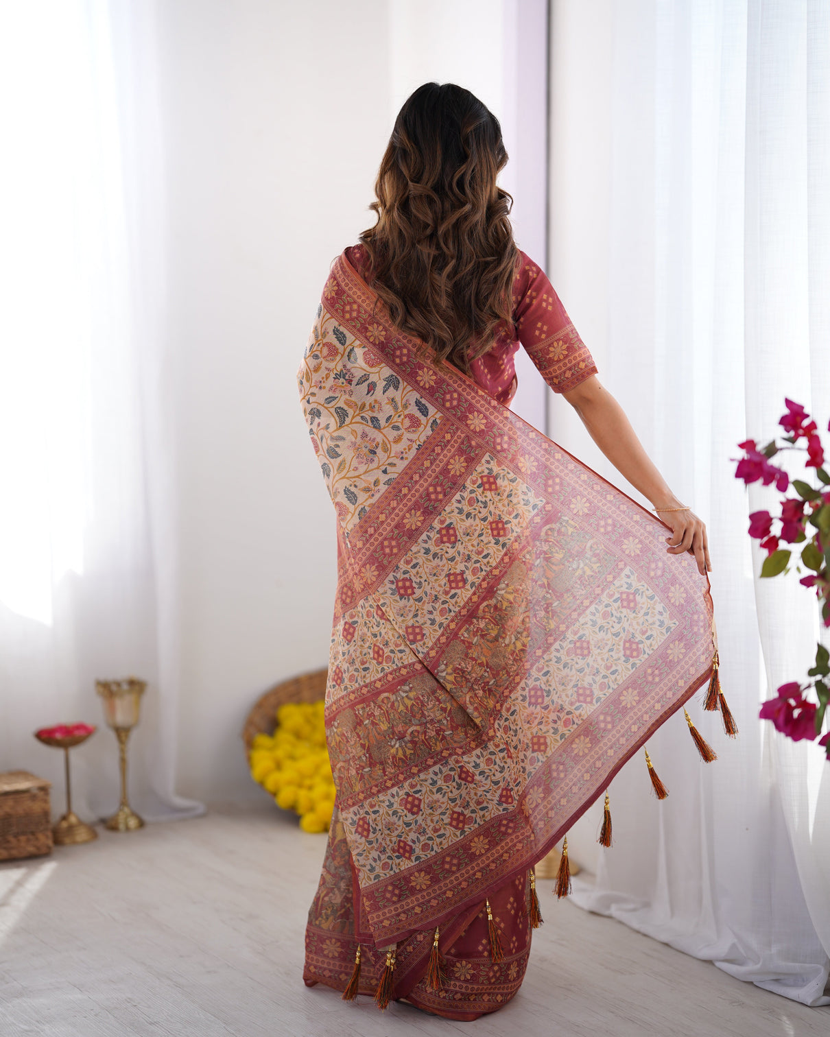 Handloom beige cotton saree with maroon blouse pomegranate floral print village tale pallu